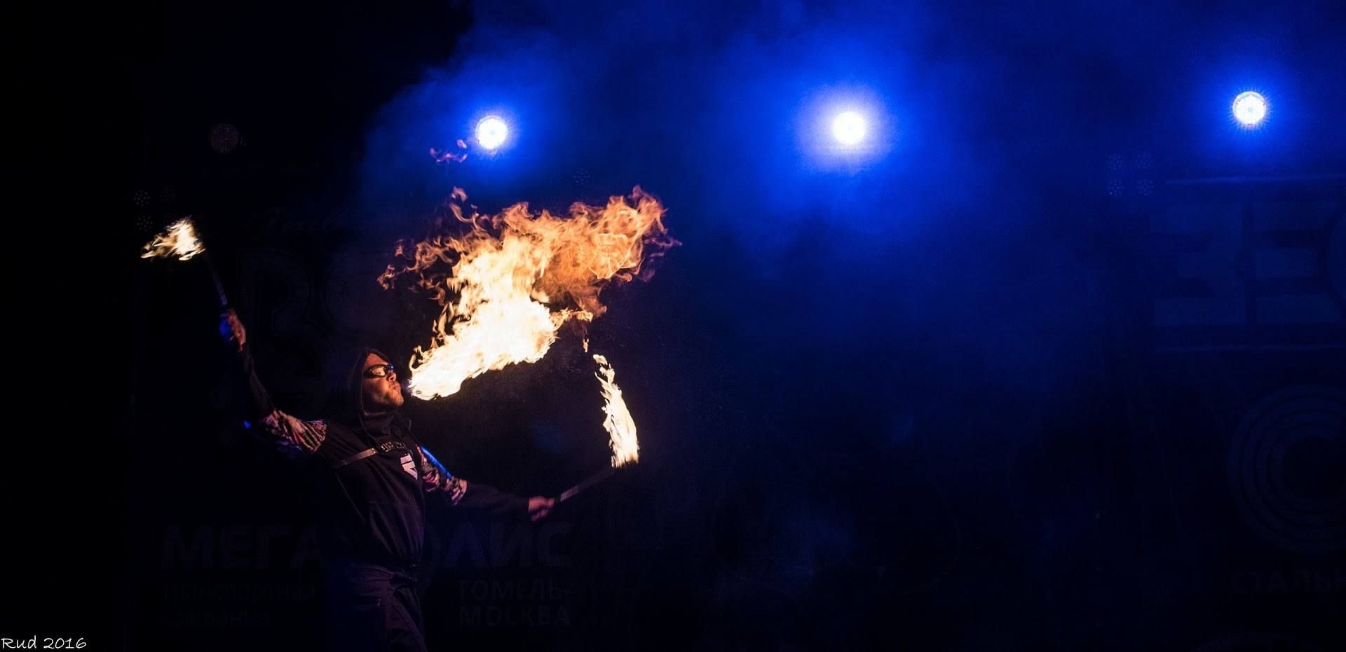 Two lit torches during the show, Gomel Fire Fest